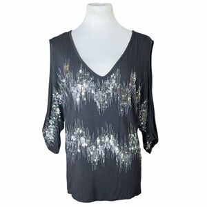 Studio Y Black & Silver Sequin Chevron Print Cold Shoulder Blouse - Size Large